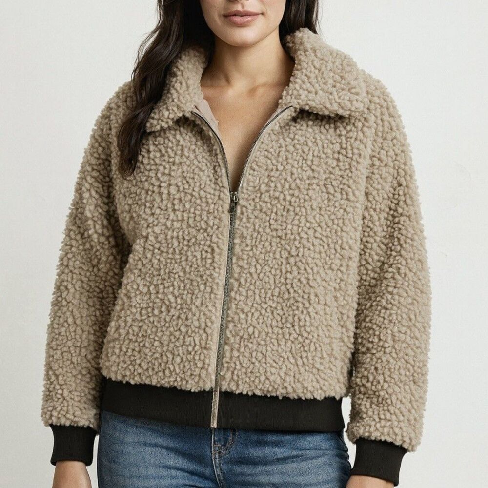 Fame Teddy Sherpa Jacket Womens Medium Beige Faux Shearling Zip Coat